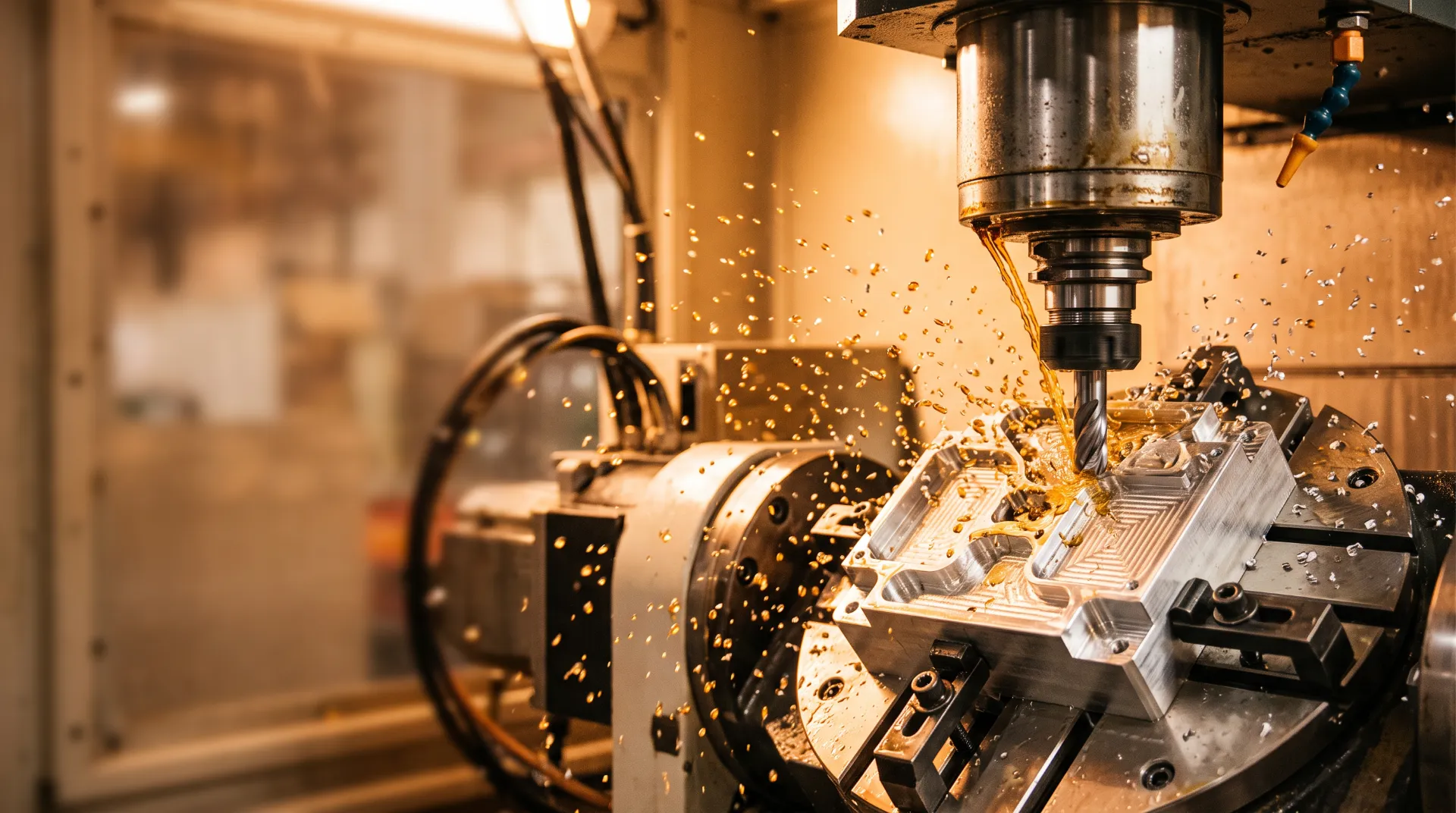 5-axis CNC machining center milling an aluminum part