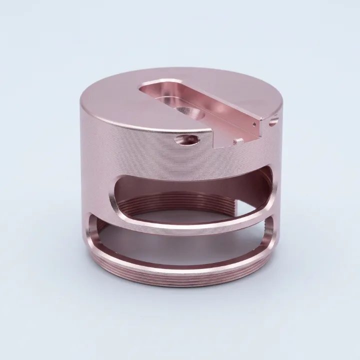 CNC turned pink anodized aluminum housing, second view
