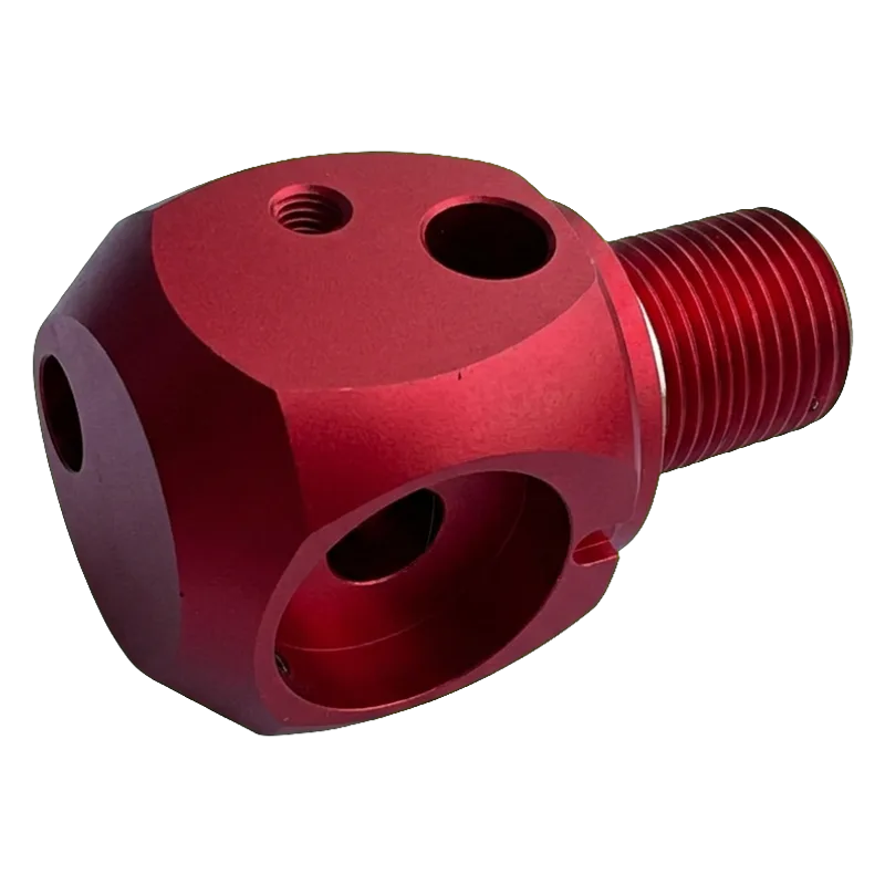Red anodized aluminum machined part made by HERO Precision