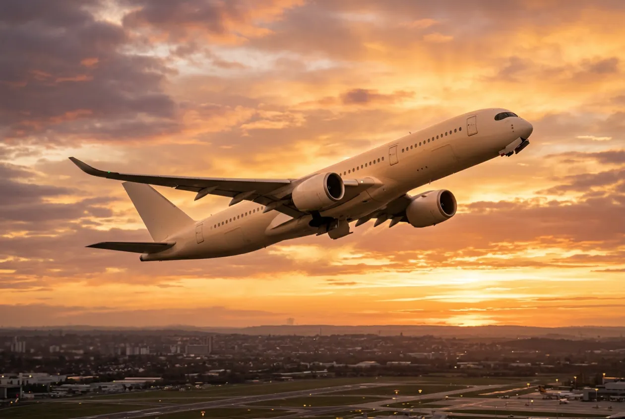 Passenger jet airliner climbing at sunset