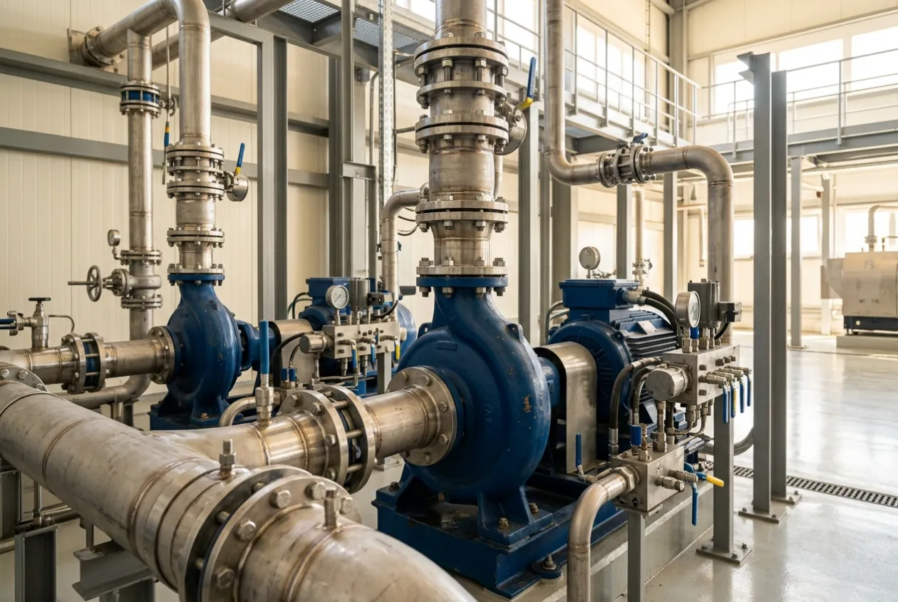 Industrial pumps, valves and piping in a plant