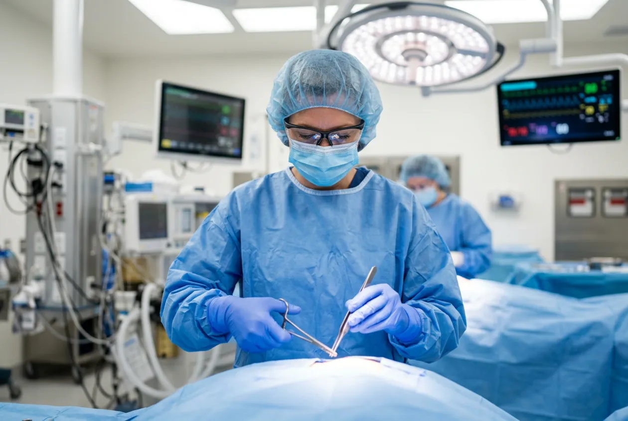 Surgeon holding precision stainless surgical instruments