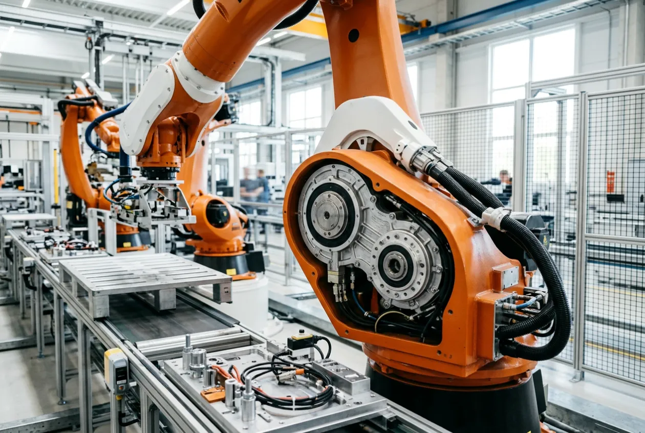 Industrial robot arms on an automated assembly line