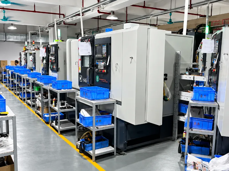 Rows of machining centers and parts bins