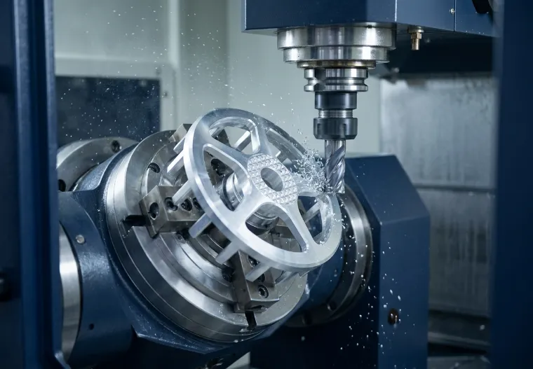 5-axis CNC machining center milling an aluminum part on a tilting rotary table